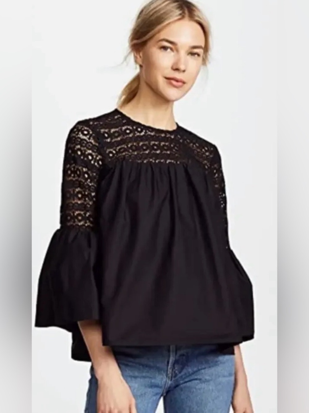 WhoWhatWear Black Crotchet Bell Sleeve Top